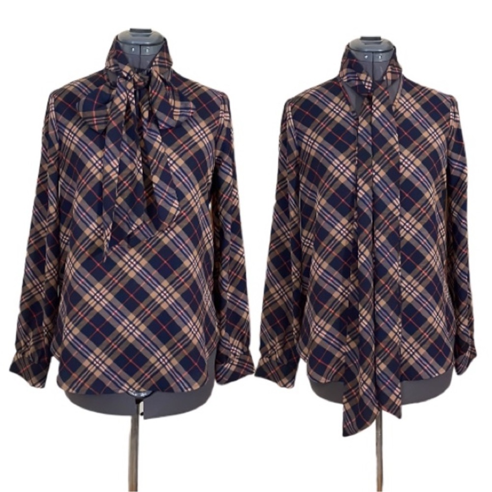 Lord & Taylor Plaid Blouse with Bow Size XS